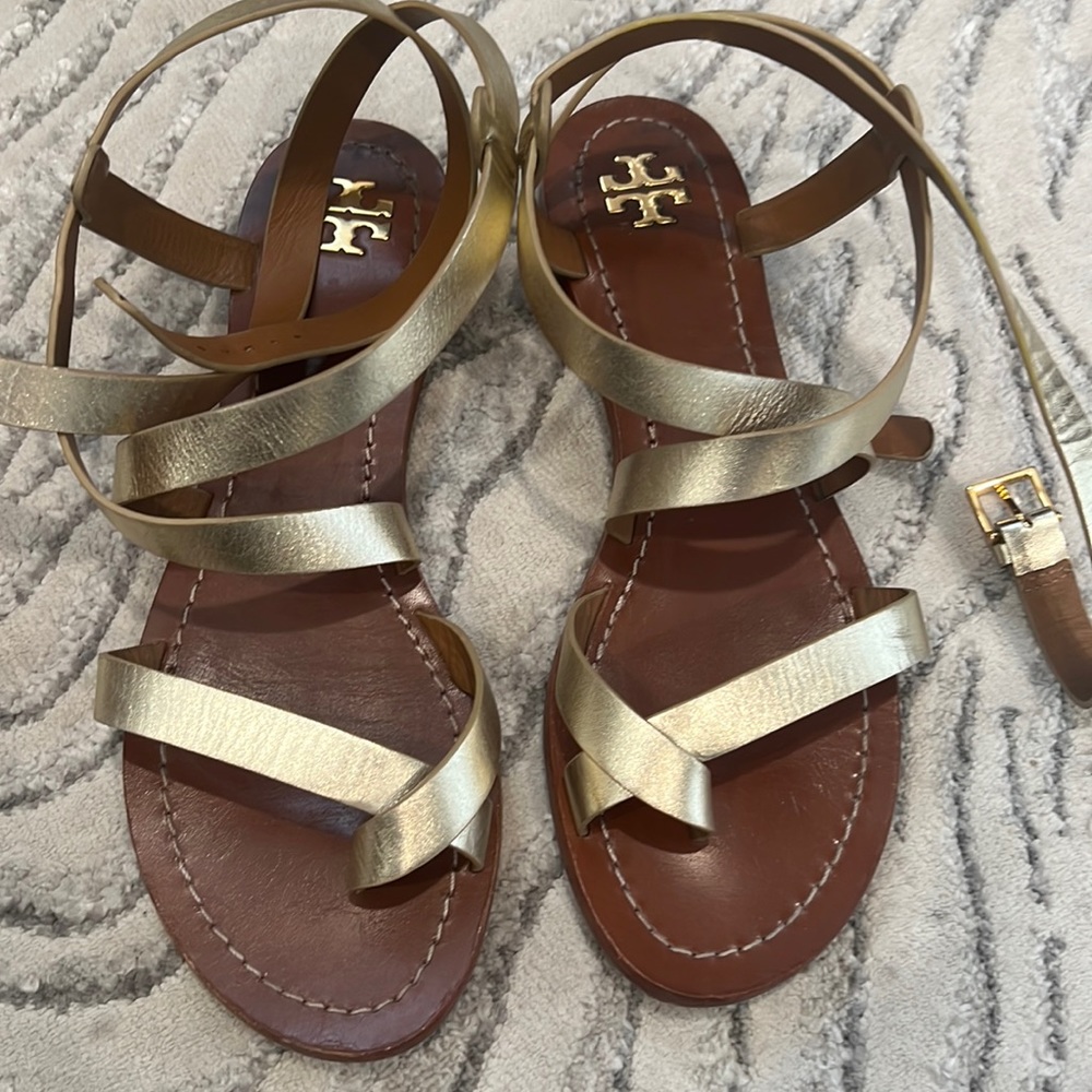 Tory Burch Gold and Brown Strappy Sandals